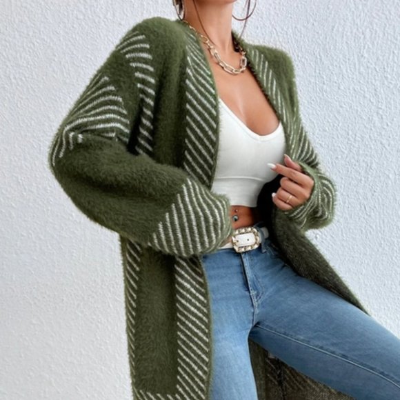 open front striped print fuzzy sweater knit duster cardigan green - Picture 7 of 7